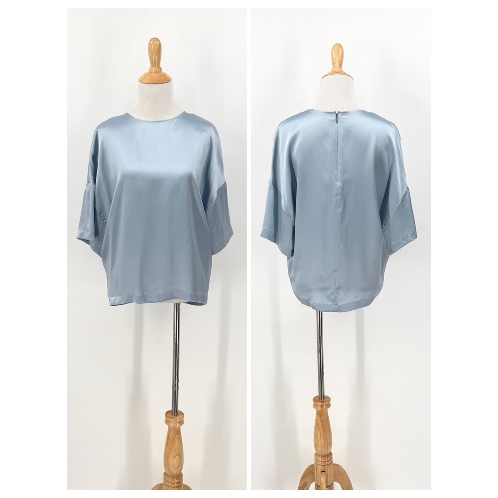 ENZA COSTA Silk Short Sleeve Top Women Medium Blue Silk Crew Neck Tee Luxury